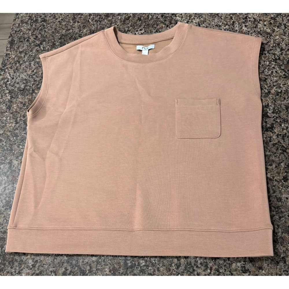 FLX Wander Sleeveless Sweatshirt Top Tan Crew Neck Pocket Large RN73277